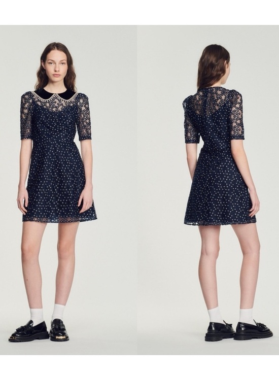 Sandro Dresses & Skirts - Sandro Lucianita Navy Lace Cocktail Dress with Peter Pan Collar